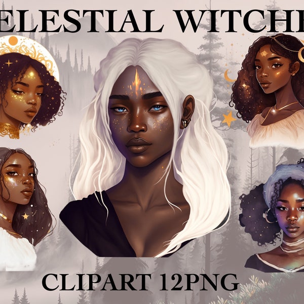 Celestial Witch clipart, african american clip art, fantasy clipart, moon witch png, cornrows png, black witch png, unlimited commercial use