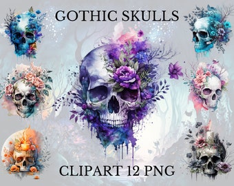 gothic skulls clipart, watercolor skull clipart set, skulls and roses clipart, skull png, commercial use clipart, gothic horror clipart