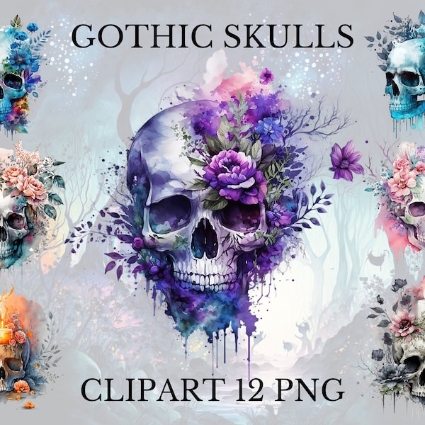 gothic skulls clipart, watercolor skull clipart set, skulls and roses clipart, skull png, commercial use clipart, gothic horror clipart