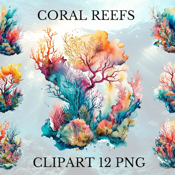 coral reef clipart, watercolor coral clipart, under water art, coral reef png, commercial use clipart, ocen clipart bundle, beautiful coral