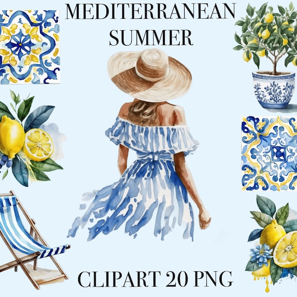Italy Summer Clipart, greek travel clip art, Mediterranean Teiles clipart, lemon flowers png, summer Beach Clipart, Woman sundress Clipart