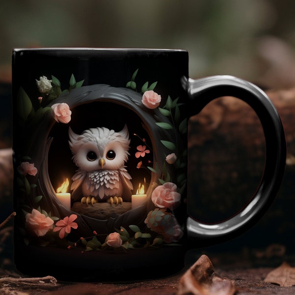 Owl mug, Floral mug, Flower tea cup, Coffee 11oz Black Mug