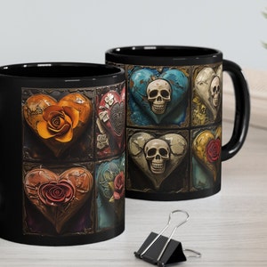 Valentines coffee mug, Gothic present, Hearts and Skulls, 11oz Black Mug