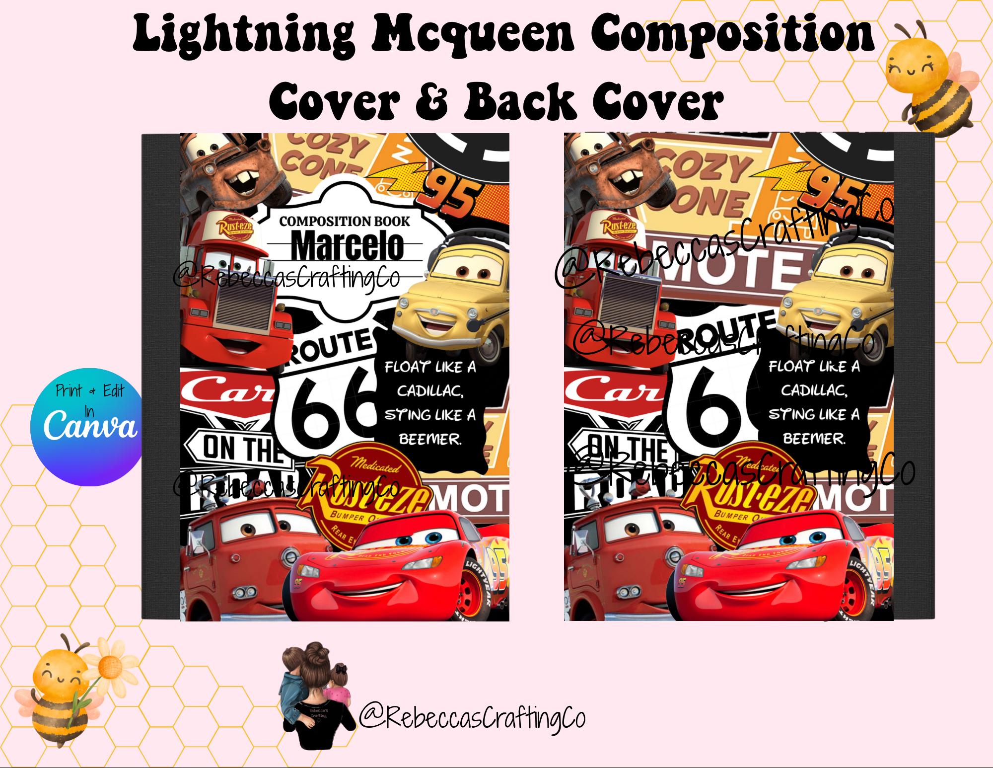 Bearbeitbare Komposition Notebook-Cover-Vorlage | Rückseite | Benutzerdefinierte Schulzubehör | Zurück in der Schule bearbeitbarer Name | Lightning McQueen