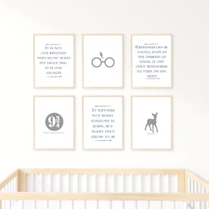 Op de afbeelding: Zes ingelijste prints met grijze tekst en afbeeldingen op een witte muur. De prints bevatten citaten uit de Harry Potter-serie, waaronder "Het zijn niet onze vaardigheden die laten zien wie we echt zijn. Het zijn onze keuzes." en "Geluk kan worden gevonden, zelfs in de donkerste tijden, als je je maar herinnert om het licht aan te doen."
