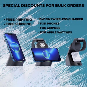 3 in 1 Customized Apple Watch Air Pod Phone Charger, Wireless Company Promotional Products, Customized Stand, Light up Logo Charger Station