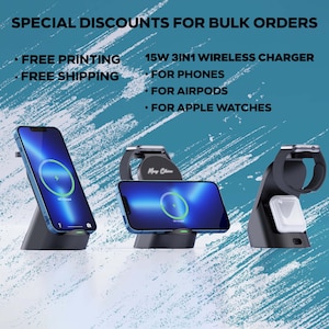 Personalized Light up Logo Charger Station, 3 in 1 Personalized Apple Watch Air Pod Phone Charger, Wireless Promotional Customized Gift,