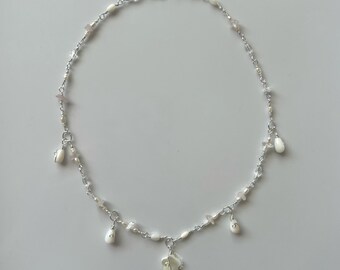 handmade silver shoujo flower necklace - beaded with a dainty shell flower-shaped charm pendant  rose quartz and pearl