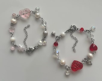Coquette Beaded Charm Bracelet Heart Love Pendant Jewelry Gifts For Her Dainty Glass Pearl Bead Bracelet Y2k Pink Valentines Day Gift