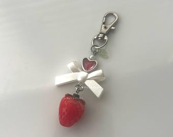 Strawberry Beaded Keychain Dainty Purse Charm - Coquette Bow Charm Simple Berry Charm Gifts For Her