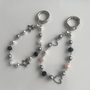 Y2k Silver Beaded Keyring for Keychains Cyber Core Heart and Star Carabiner Chrome Wristlet Keycharm For Bags