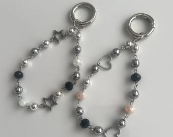 Y2k Silver Beaded Keyring for Keychains Cyber Core Heart and Star Carabiner Chrome Wristlet Keycharm For Bags