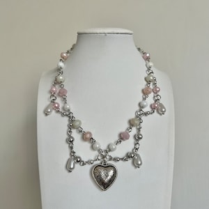 Pink Heart Beaded Necklace Coquette Handmade Jewelry Layered Necklace Cottage core Princess Pearl Jewelry For Her
