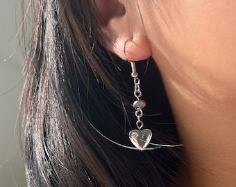 Silver Heart Dangle Earrings Y2k Beaded Jewelry Stainless Stainless Steel Heart Earrings Cyber Core Jewelry, Grunge Earrings For Her