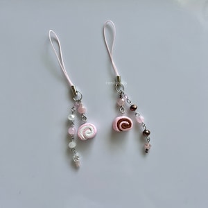 Strawberry Cake Roll Phone Charms Handmade Clay Desserts Kawaii Food Keychain Gifts Y2k Beaded Phone Strap For Camera, Pc Binder Charm
