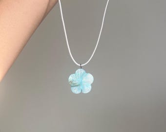 Light Blue Hibiscus Shell Pendant Necklace Beachy Jewelry For Her - White String Cord Necklace With Shell Flower