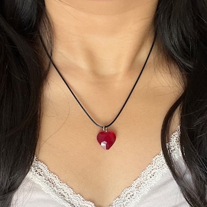 Red Glass Heart Necklace Pendant Wax Cord Choker Jewelry Gift For Her, Coquette Dainty Simple Heart Charm Necklace, Valentines Day Gift