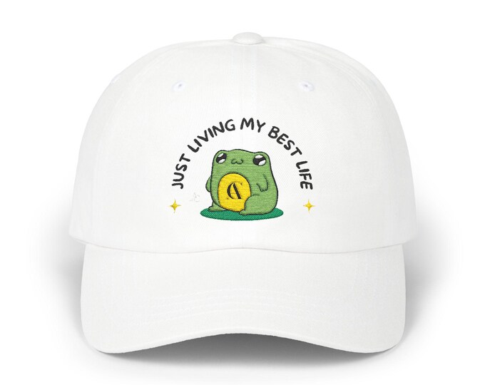 Cute Frog Cap, Living My Best Life Unisex Hat, Fun Animal Lover Baseball Cap, Funny Frog Gift, Trendy Embroidered Cap, Frog Lover