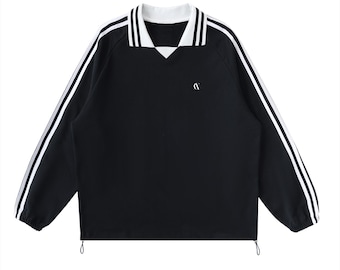 Contrast Striped Lapel Collar Sweatshirt