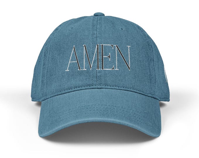Denim Baseball Cap: 'AMEN' Embroidery, Vintage Pigment Dye