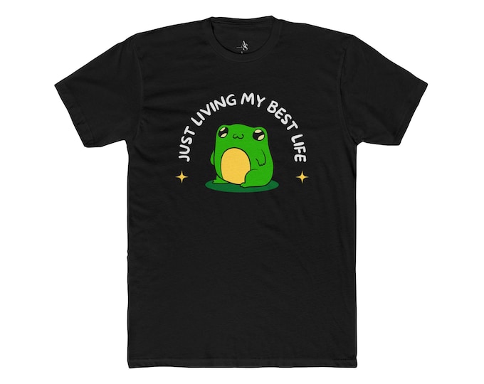 Adamic Creations Frog Graphic Tee, Just Living My Best Life Unisex Cotton Crew Tee, Fun Frog T-Shirt, Funny Animal Shirt, Nature Lover Gift,
