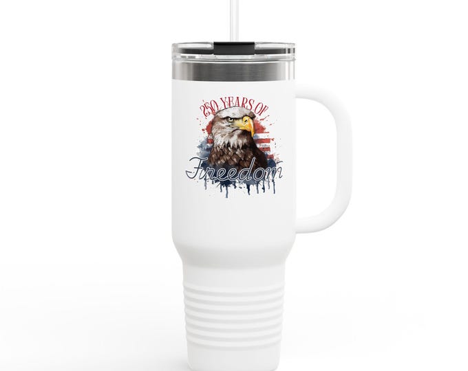 Patriotic Travel Mug, USA 250 Year Anniversary, American Flag Decor, Independence Day Gift, 4th of July Celebration, Insulated Tumbler