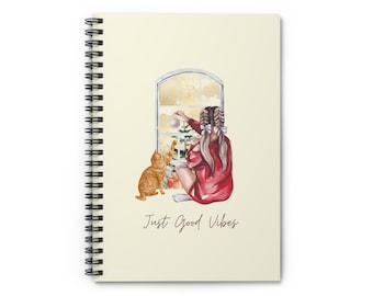 Just Good Vibes girl with cat looking out window Spiral Notebook