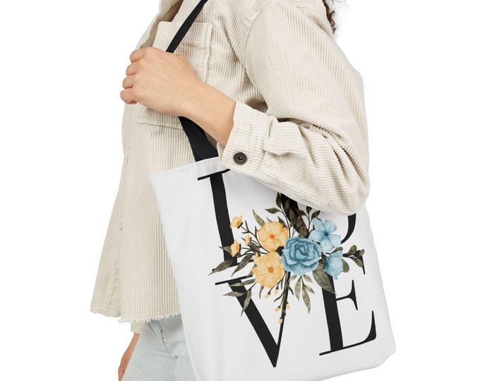 Floral Love Message Canvas Tote Bag, Eco-Friendly Shopping Bag