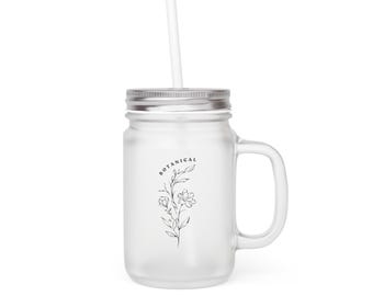 Botanical Floral Illustration Mason Jar | Glass Drinking Jar with Straw
