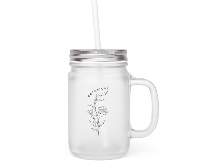 Featured listing image: Botanical Floral Illustration Mason Jar | Glass Drinking Jar with Straw