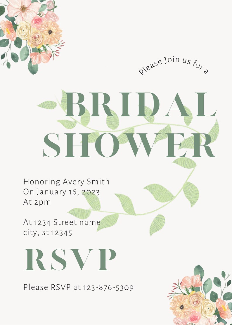 Green Floral Bridal Shower Invitation Etsy