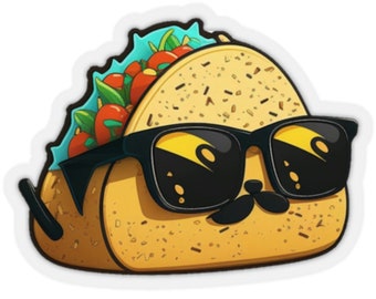 May include: A cartoon taco wearing sunglasses and a mustache. The taco is filled with lettuce, tomatoes, and cheese.