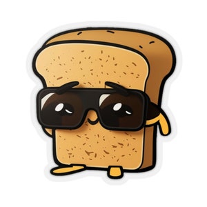 May include: A cartoon illustration of a slice of bread wearing sunglasses. The bread has a brown crust and a light brown interior. The sunglasses are black and have a rounded shape.