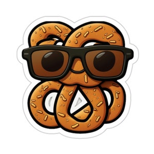 May include: A cartoon illustration of a pretzel wearing sunglasses. The pretzel is brown and has a glossy finish. The sunglasses are black and have a reflective lens.