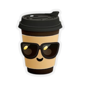 May include: A brown paper coffee cup with a black lid and sunglasses. The cup has a smiling face.