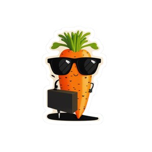 May include: A cartoon carrot character with a bright orange body and green leafy top. The carrot wears large black sunglasses, has a small smiling mouth, and carries a rectangular black briefcase in one hand while standing on a black shadow.