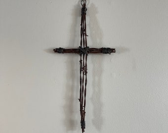 Rustic, Rusty Barbed Wire Cross, Used on Montana Cattle Ranch, western decor, religious decor, barbed wire art,