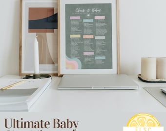 Könnte beinhalten: Eine Checkliste mit dem Titel "Check it Baby" mit einer Liste von Artikeln, die für ein Baby gepackt werden müssen. Die Checkliste ist auf grünem Hintergrund mit bunten Akzenten gedruckt. Die Checkliste ist gerahmt und steht auf einem weißen Tisch mit einem Laptop, Kerzen und Büchern.