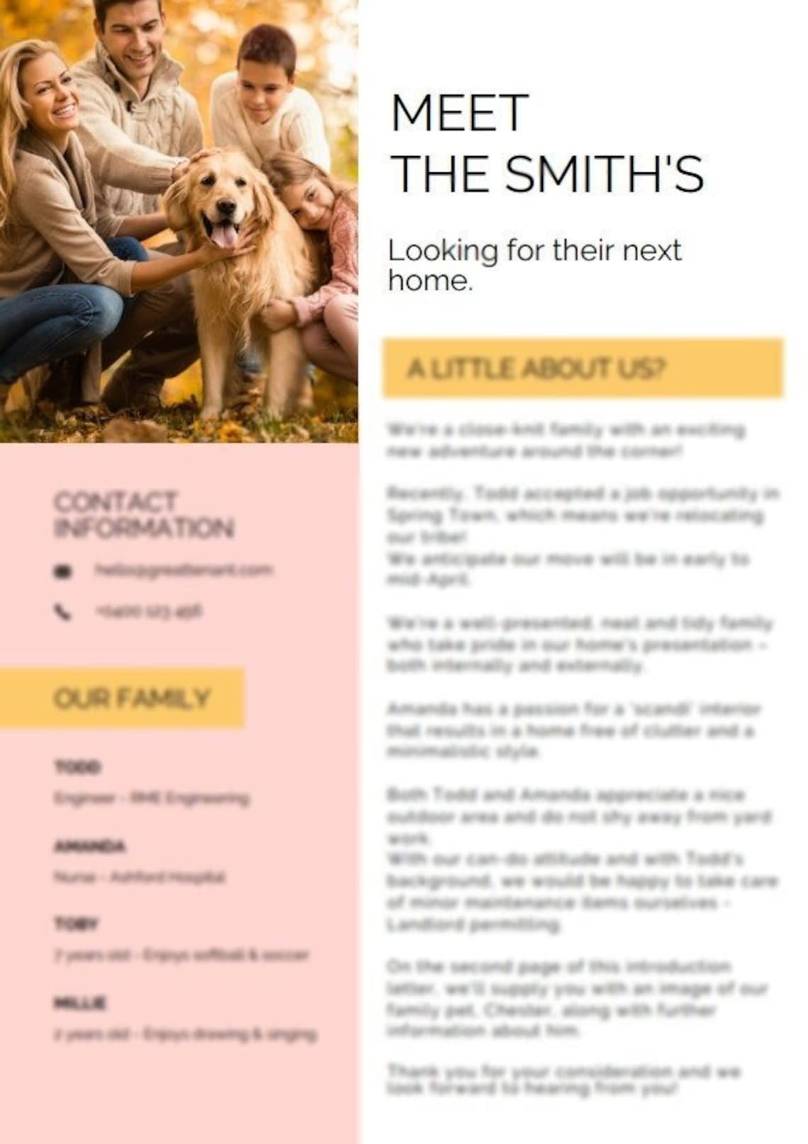 Personalised Rental Cover Letter Tenant Resume Rental Application CV for Families AND PETS