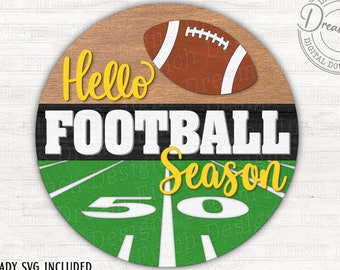 Hello Football Season SVG DXF JPG Png Football Door Hanger 50 Yard Line Glowforge Laser File Included - Digital Download