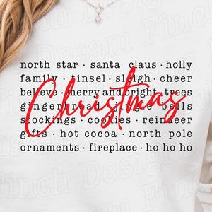 May include: A white sweatshirt with the word "Christmas" in red script, surrounded by Christmas-themed words. A white mug with a Santa Claus design is held in the hand. The image also includes the text "SVG DXF PNG PDF FILES DIGITAL DOWNLOAD".