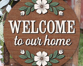 Welcome SVG • Floral Door Hanger Sign • Glowforge XTool Laser File • Cricut & Silhouette Cut File • Farmhouse Home Decor