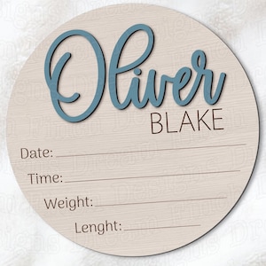 May include: A round wooden sign with the name "Oliver Blake" in blue script. The sign includes lines for date, time, weight, and length. The text "Use your own fonts to personalize the design" is also present.