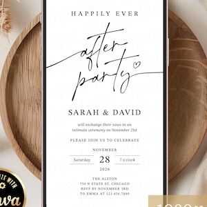 Puede incluir: Un tel&eacute;fono inteligente que muestra una plantilla de invitaci&oacute;n de boda digital con texto negro sobre fondo blanco. El texto dice Happily Ever After Party, Sarah & David, e incluye detalles de la ceremonia, fecha, hora y lugar para el 28 de noviembre de 2026.
