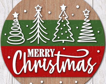 May include: A round wooden Christmas sign with a green and red stripe design. The sign features white cut-out Christmas trees and the words "MERRY Christmas" in a cursive font. Small white dots are scattered around the design.