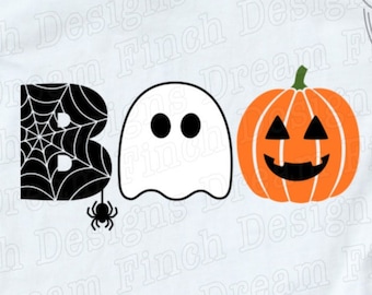 May include: White t-shirt with a Halloween-themed design. The word "BOO" is spelled out with a spiderweb, ghost, and jack-o'-lantern. The shirt is decorated with candy corn and a plastic spider. The bottom of the shirt has the words "SVG • DXF • PNG • JPG • DIGITAL DOWNLOAD".