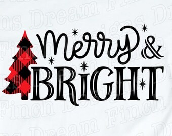 May include: White t-shirt with the text "Merry & Bright" in black script and block letters. A red and black plaid Christmas tree graphic is on the left. The shirt is a digital download.