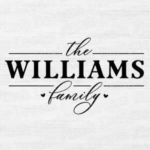 May include: Black and white text graphic that reads "the WILLIAMS family" with two horizontal lines above and below the name and a heart on either side of the word "family".