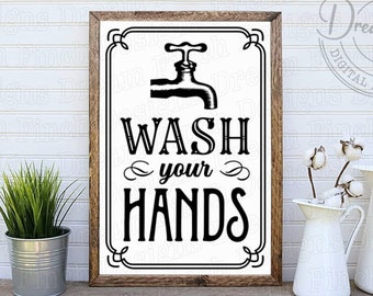May include: A rustic wooden sign with a black and white design. The sign reads "Wash your hands" with a vintage-style faucet graphic. The sign is displayed on a white wood background with decorative items.