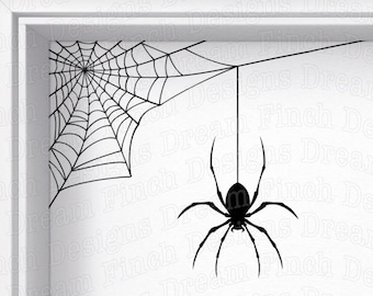 May include: Black spider silhouette hanging from a spiderweb in a corner. The spiderweb is partially visible, with a detailed web pattern. The image is a digital download, with the text "SVG • EPS • DXF • DIGITAL DOWNLOAD".